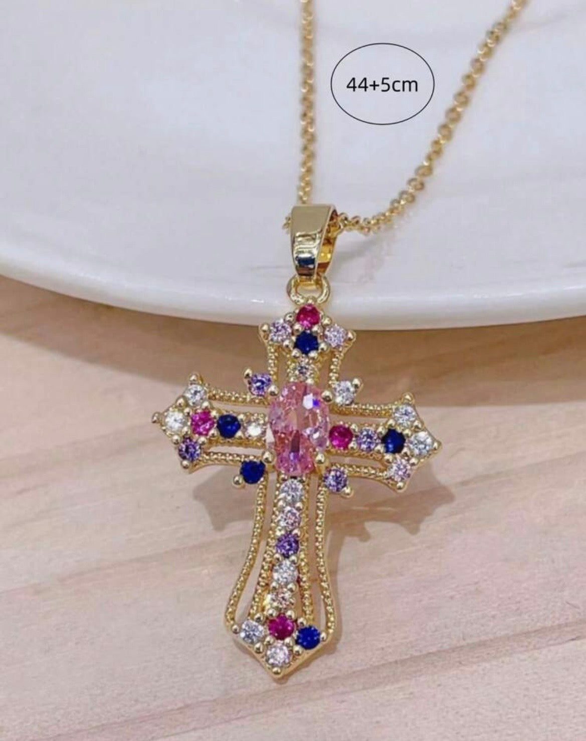 Coloured rhinestone cross necklace