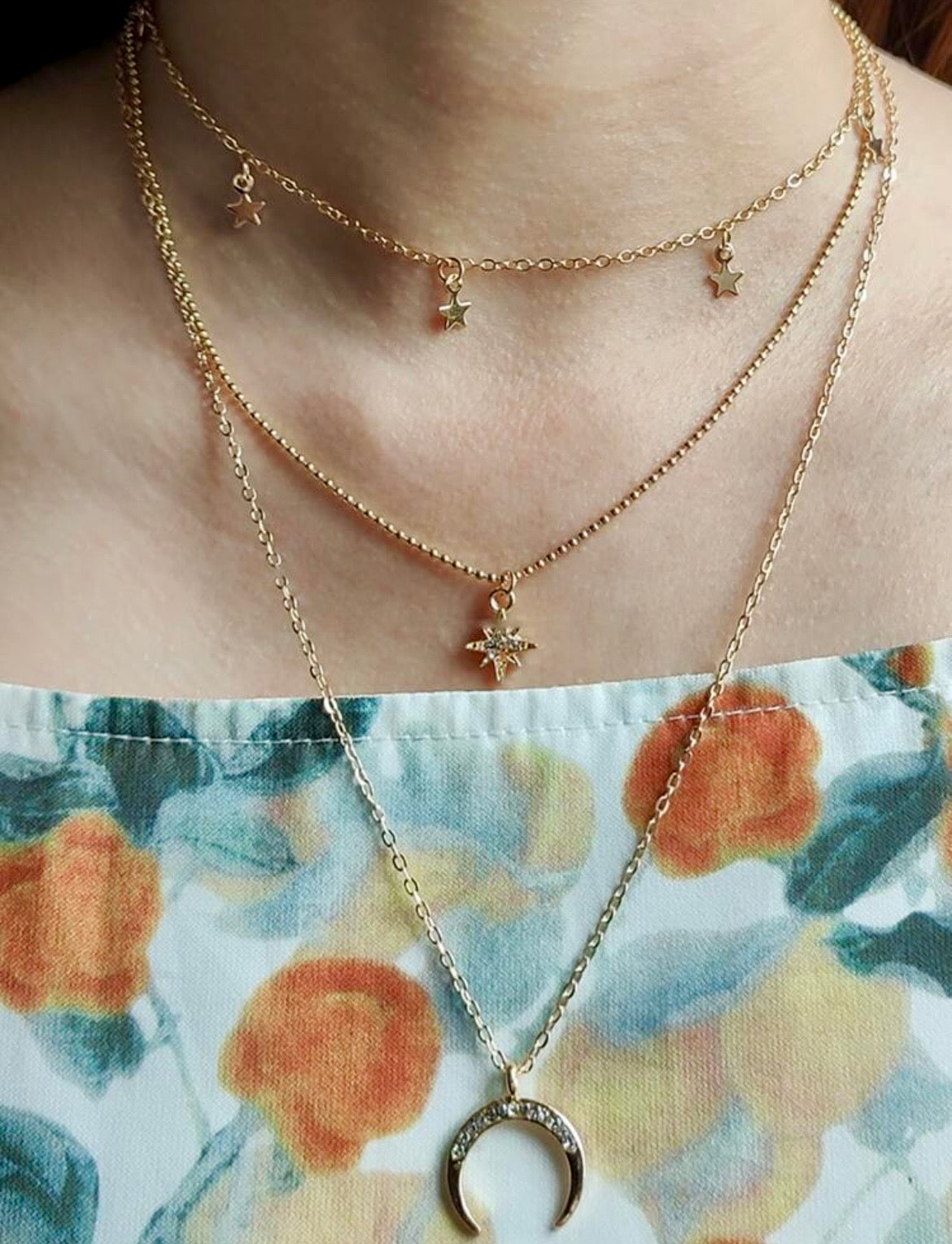 Moon & star charm layered necklace