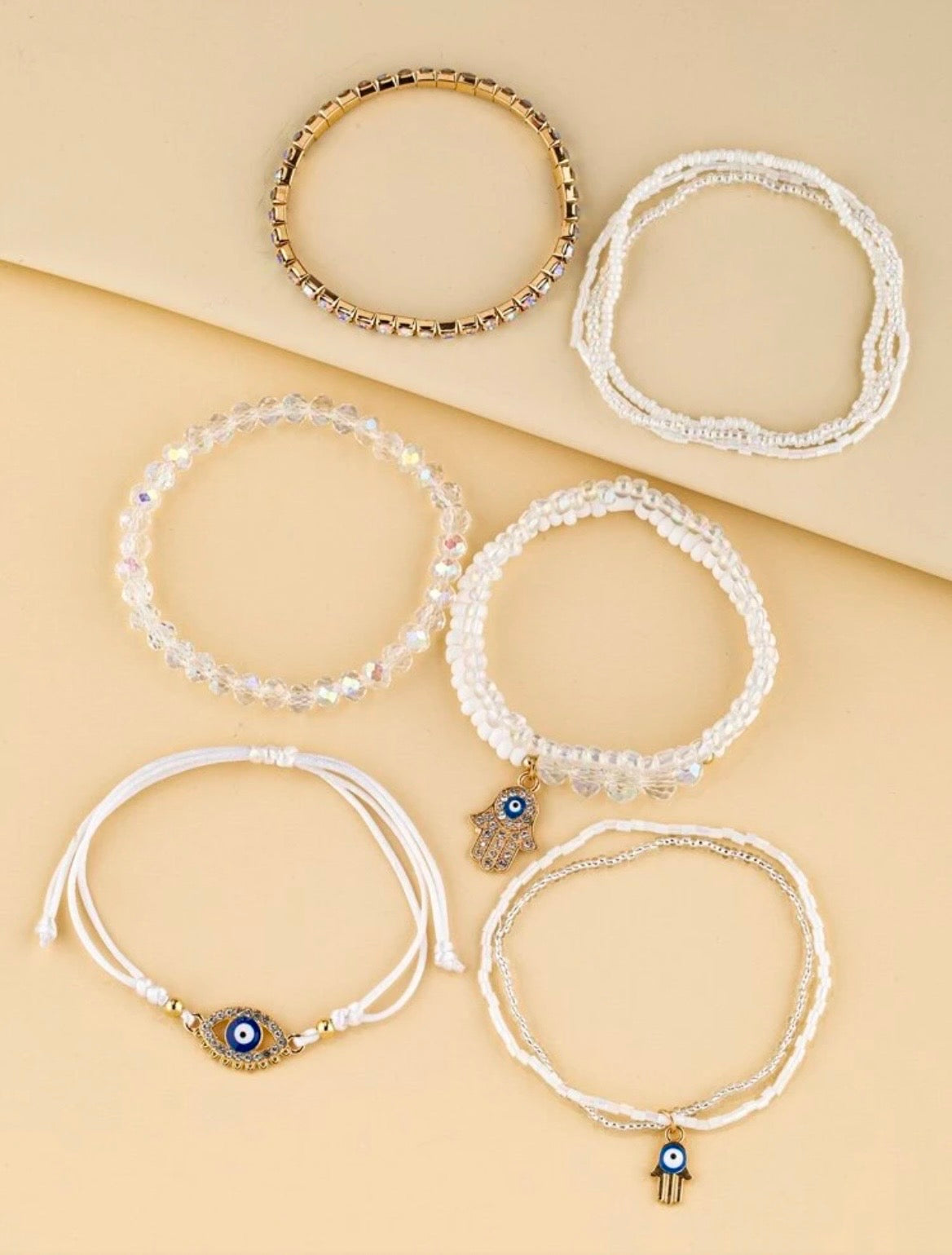 White evil eye bracelet set
