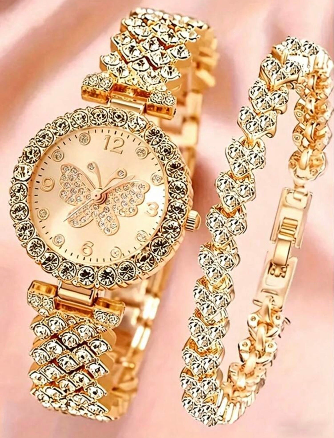 Diamanté butterfly watch & hand chain set