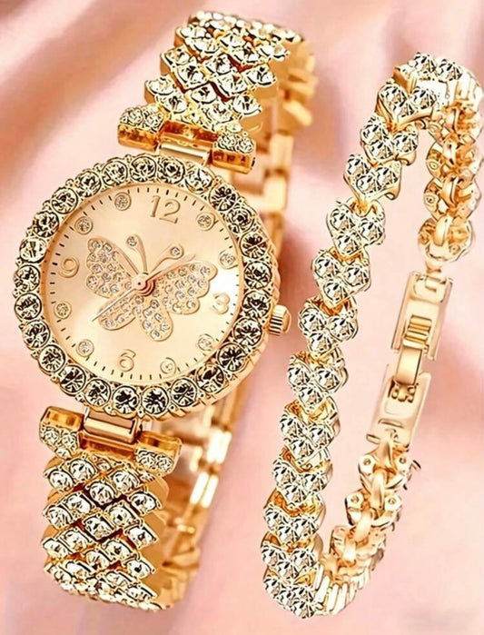 Diamanté butterfly watch & hand chain set