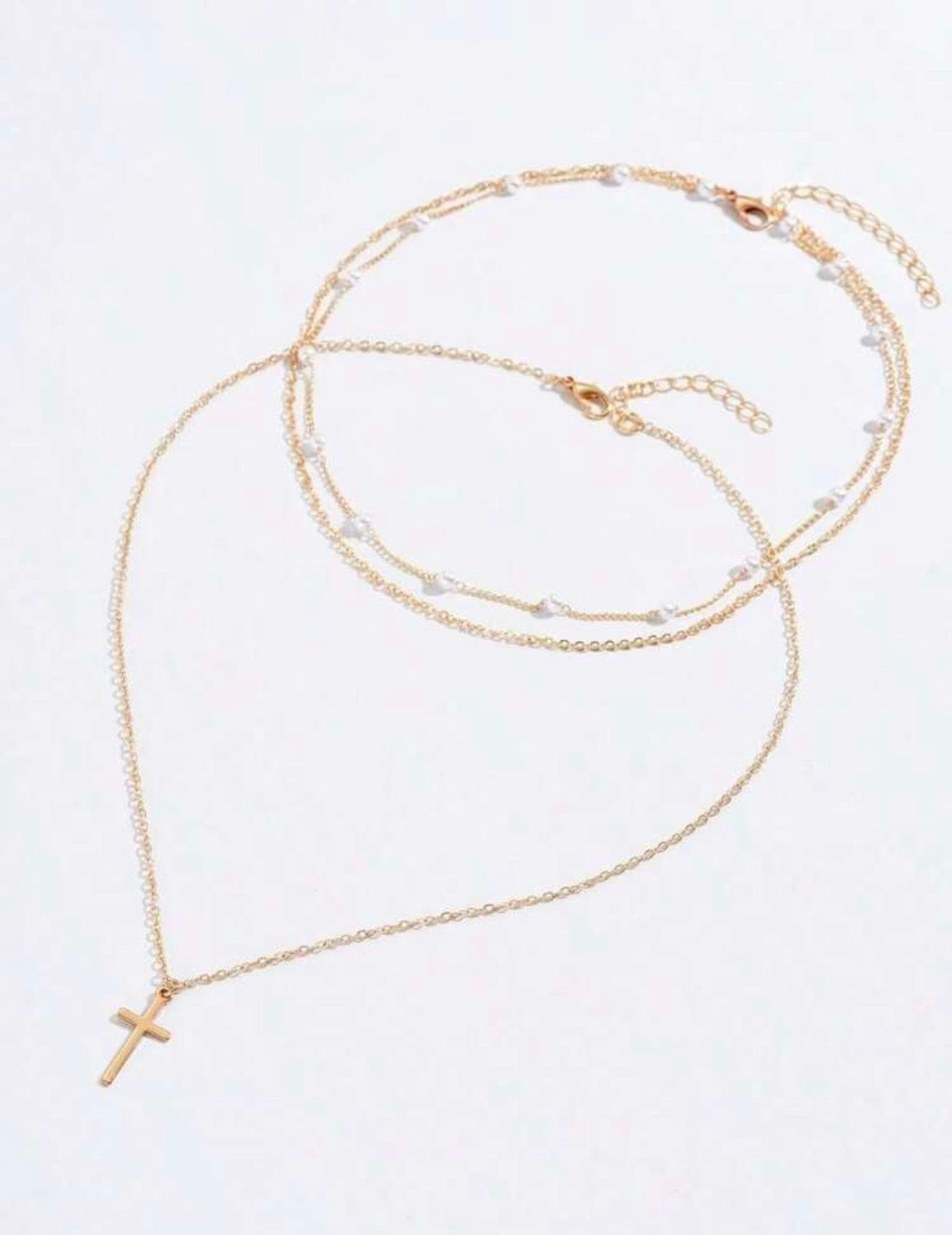 2pcs layered pearl cross necklace