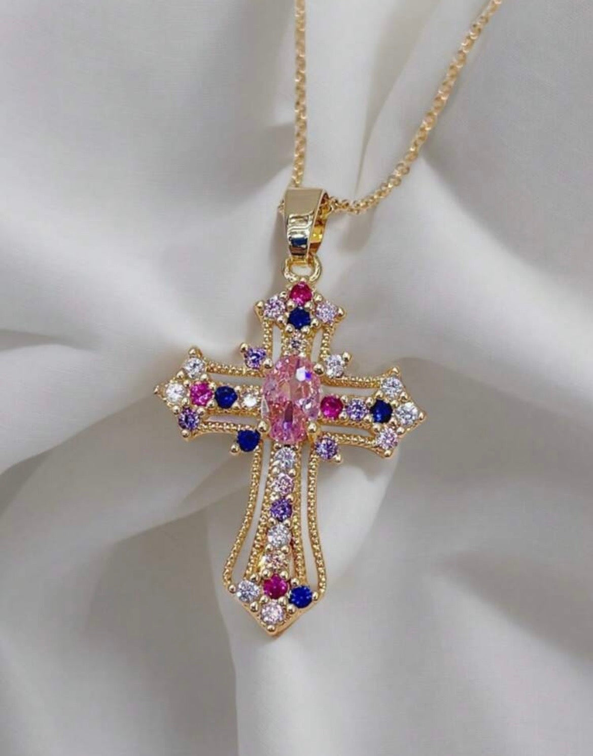 Coloured rhinestone cross necklace