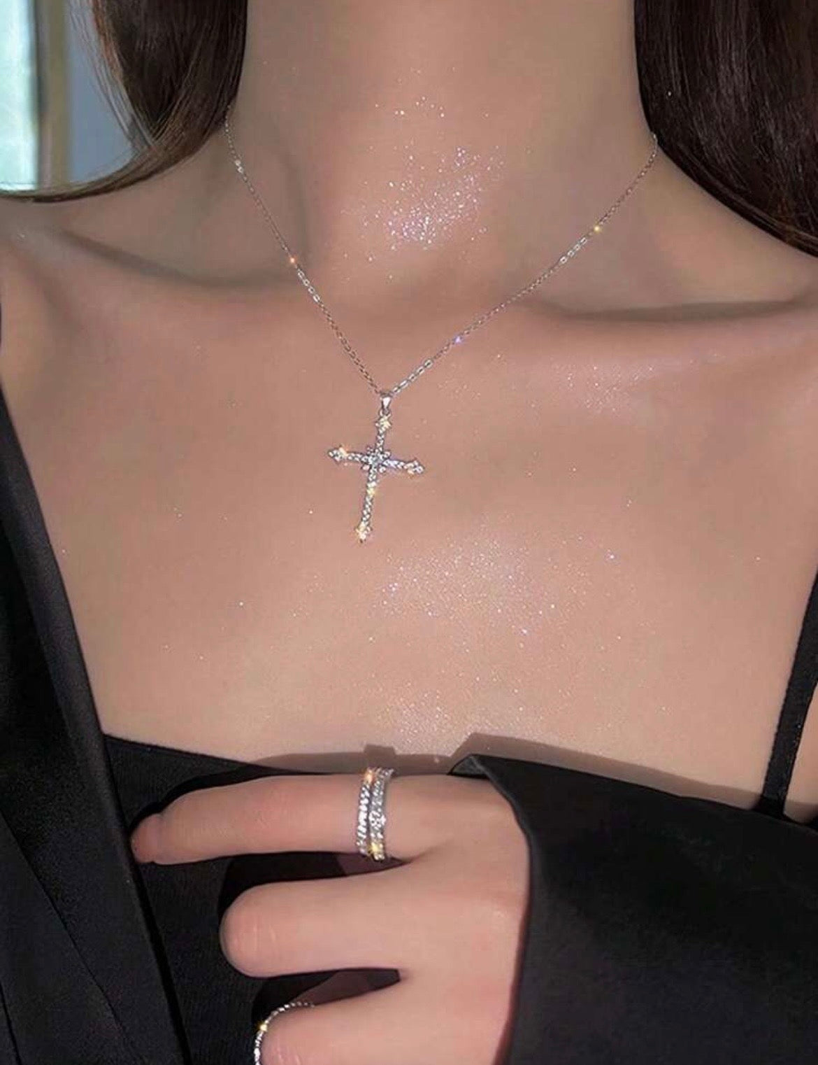 Fully rhinestoned star & cross necklace