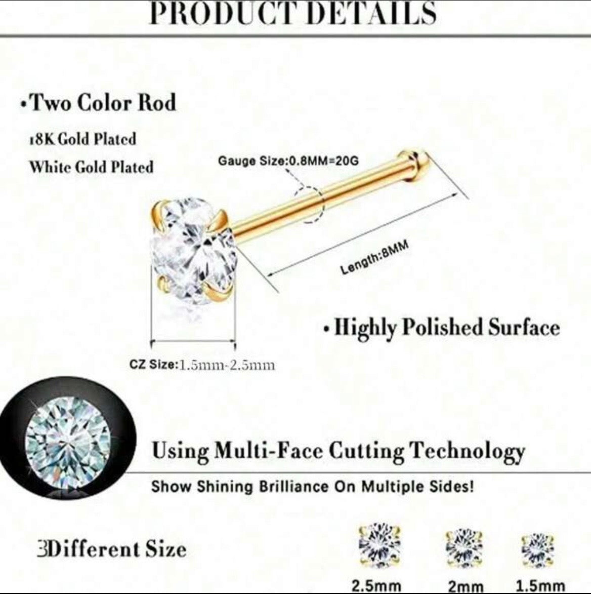 18k gold plated stud nose rings