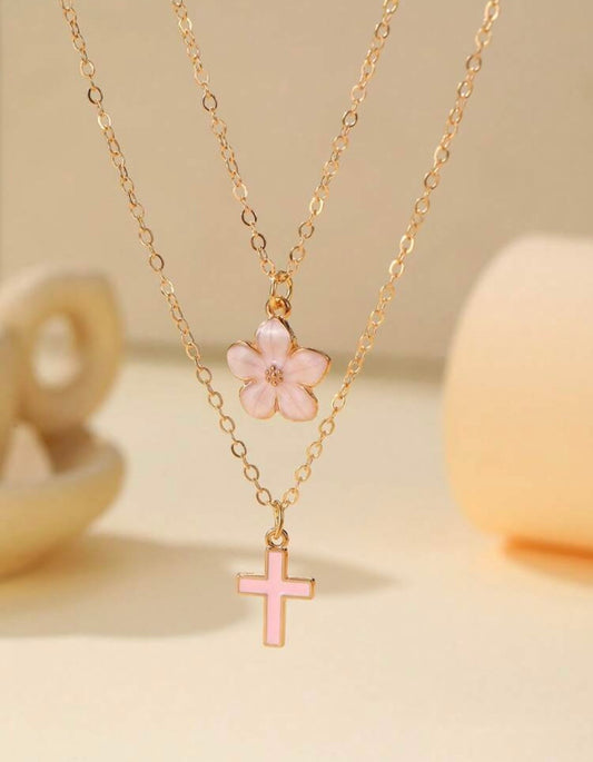 Flower & cross necklace (set of 2)