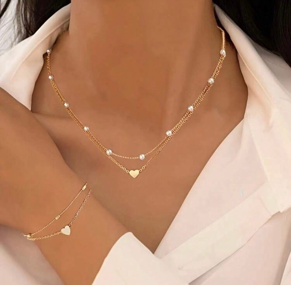 Pearl heart necklace & bracelet set