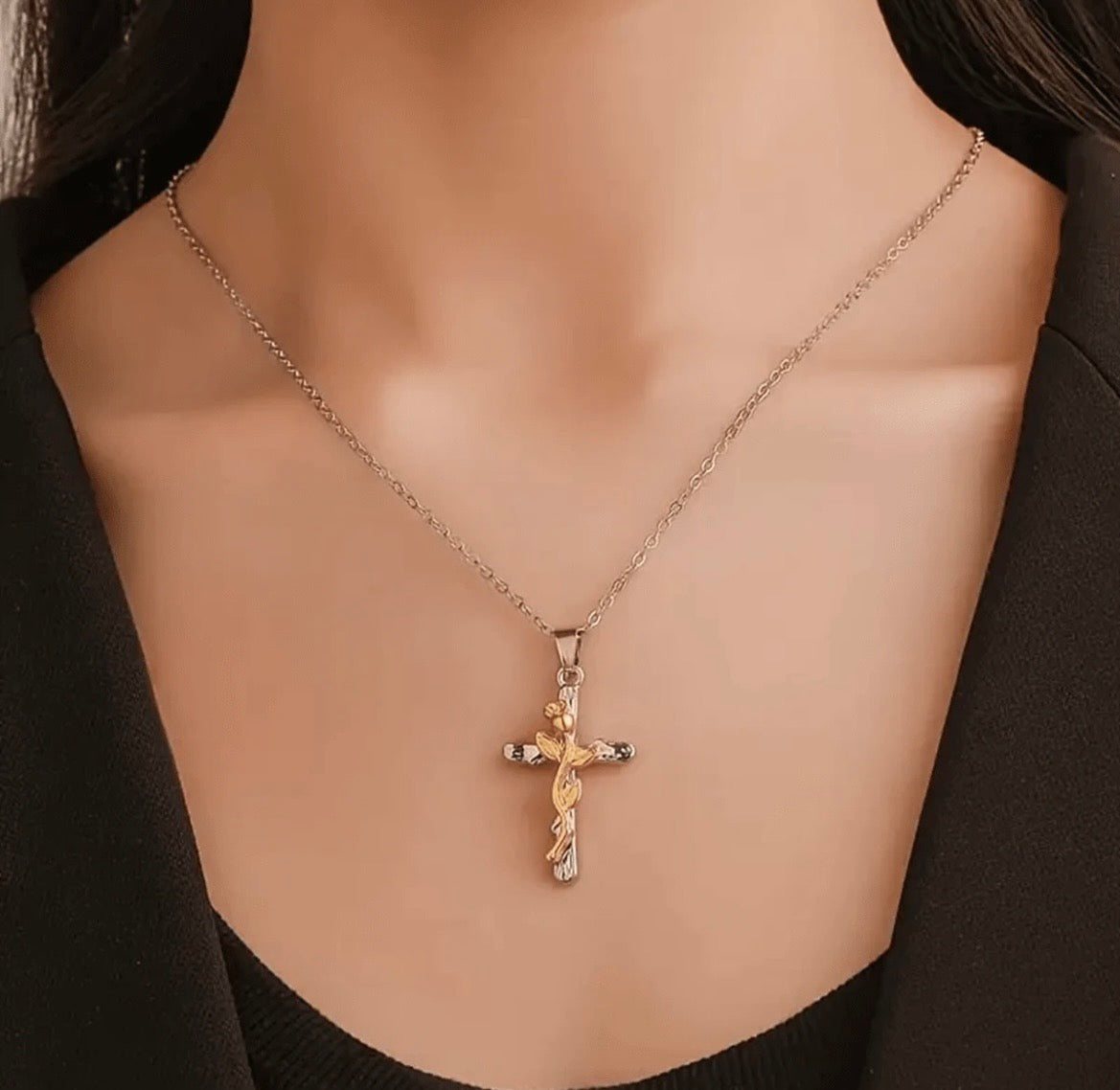 Rose flower cross necklace