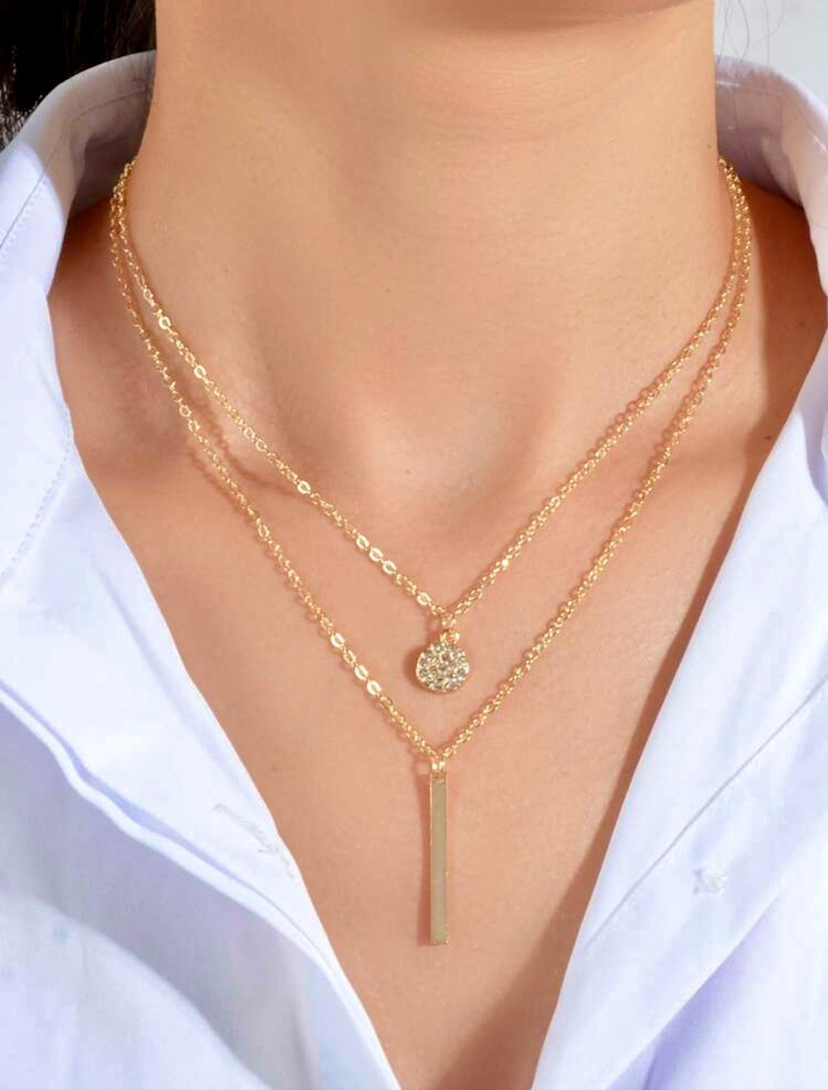 Double layer round & drop pendant necklace