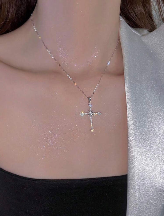 Fully rhinestoned star & cross necklace