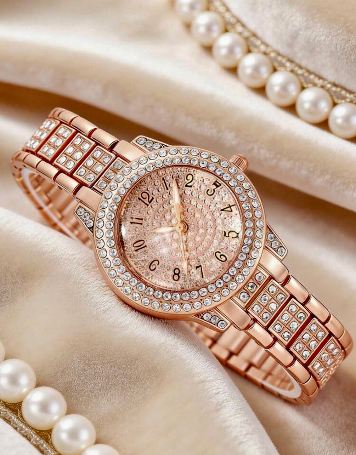 Rose gold diamond studded watch set