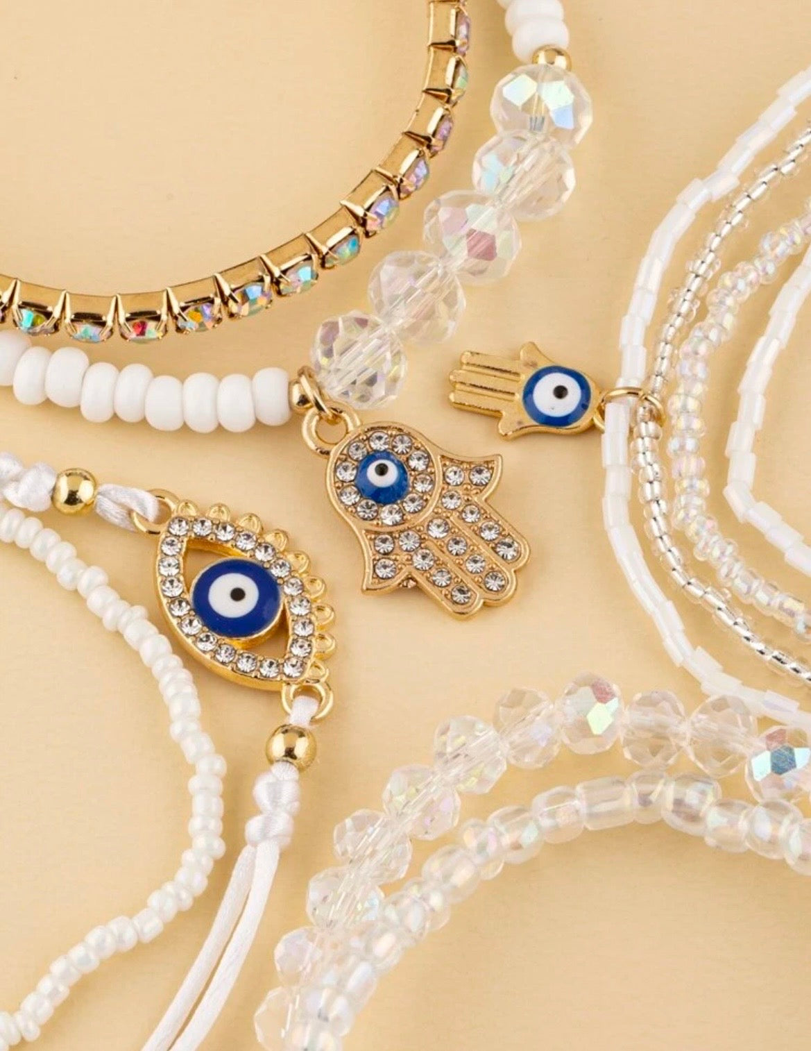 White evil eye bracelet set