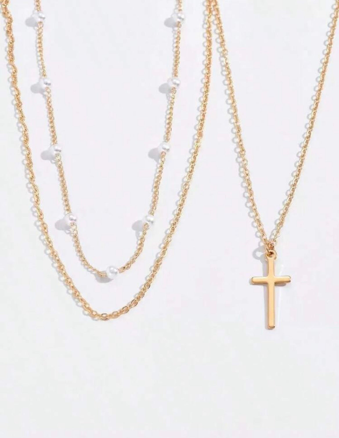 2pcs layered pearl cross necklace