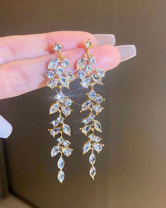 Rhinestone leaf tassel earrings