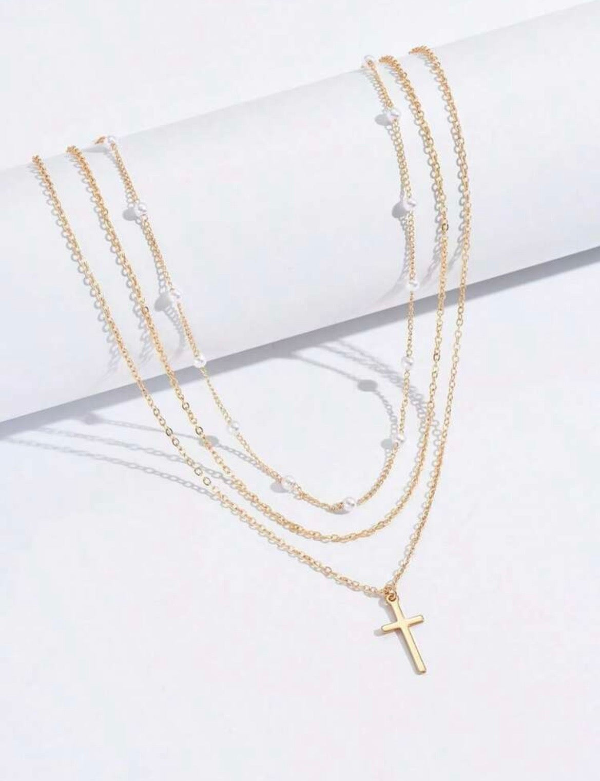 2pcs layered pearl cross necklace