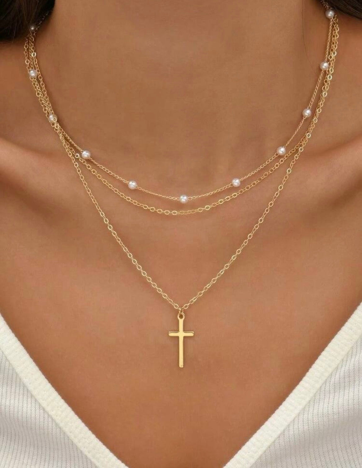 2pcs layered pearl cross necklace