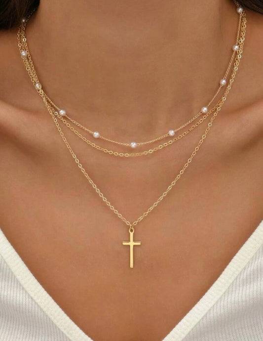 2pcs layered pearl cross necklace