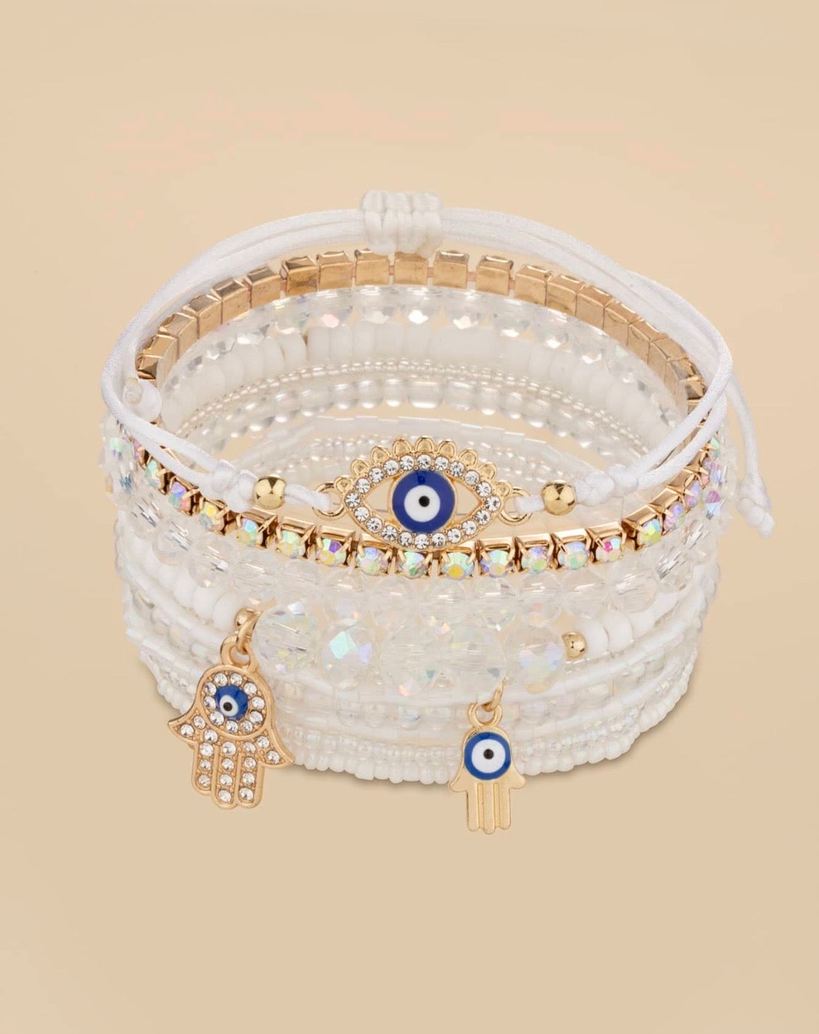 White evil eye bracelet set