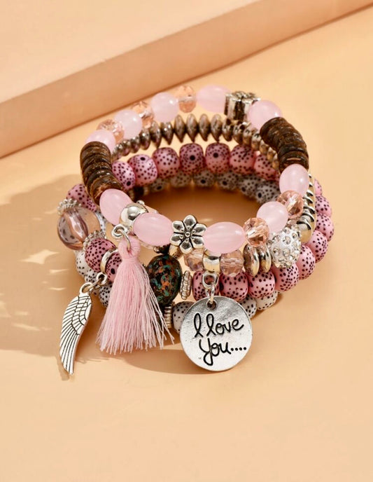 'I love you' tassel charm bracelet set