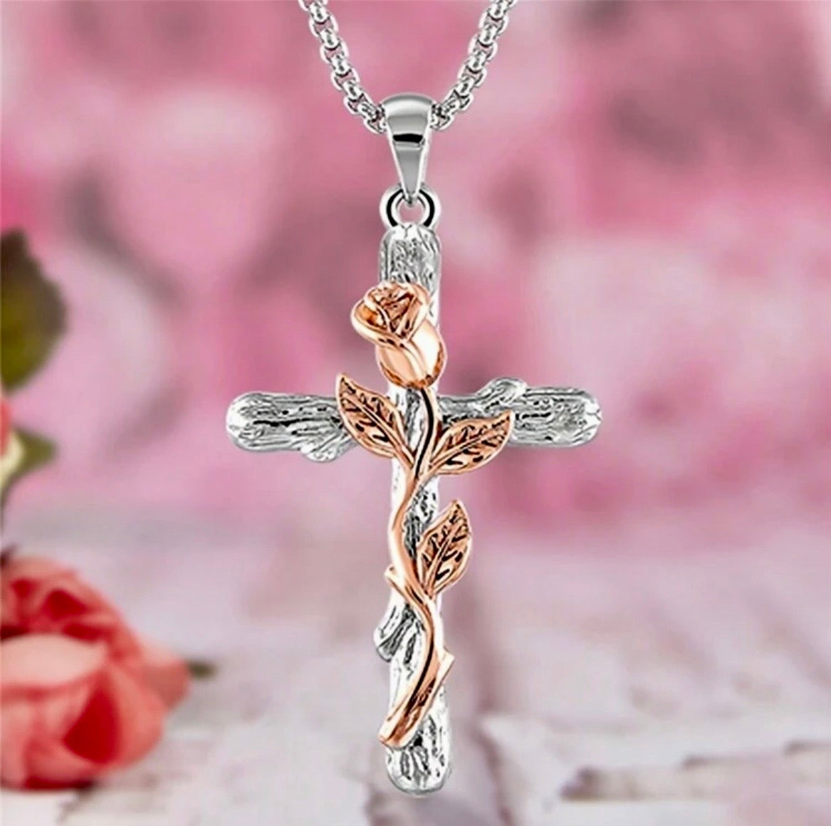 Rose flower cross necklace